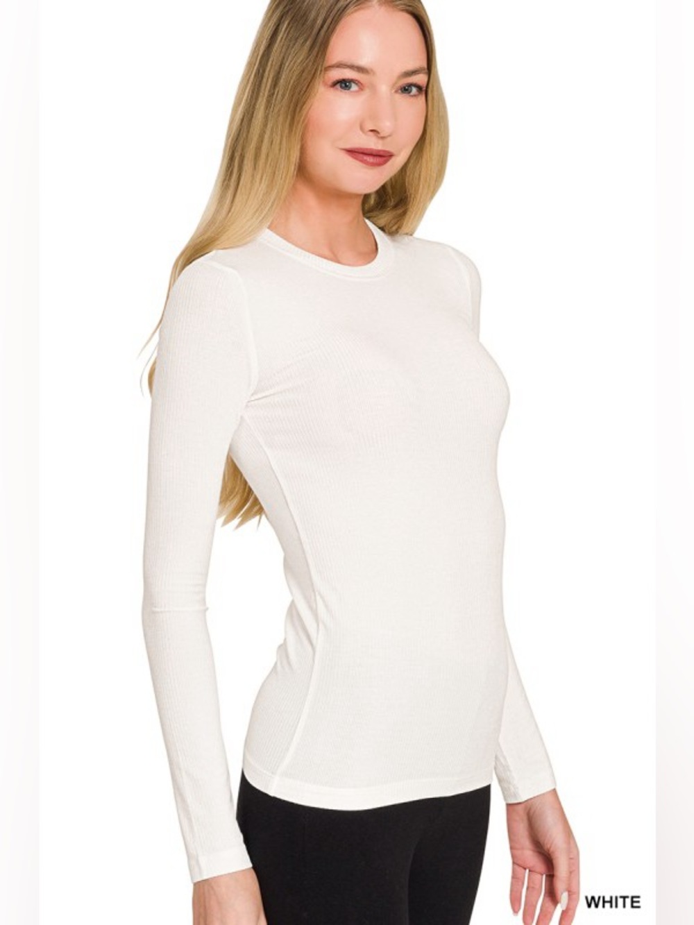 Zenana Premium Rayon 4x2 Rib Fitted Round Neck Tee Long Sleeve White